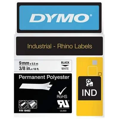 DYMO RHINO Polyester-Schriftband schwarz/weiß, 9 mm x 5,5 m (EAN: 0071701184825)