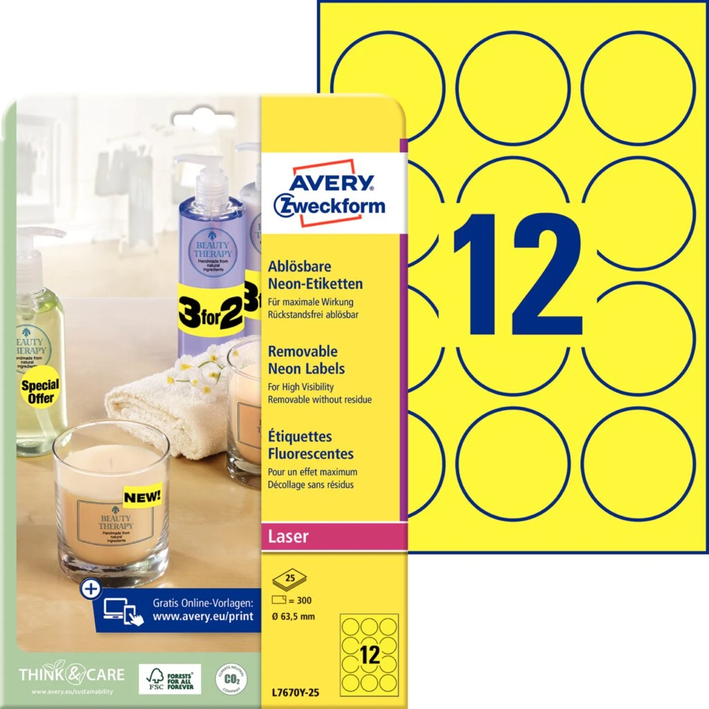 AVERY Zweckform Stick&Lift Etiketten, rund: 63,5 mm, gelb, neon-gelb (EAN: 4004182608418)