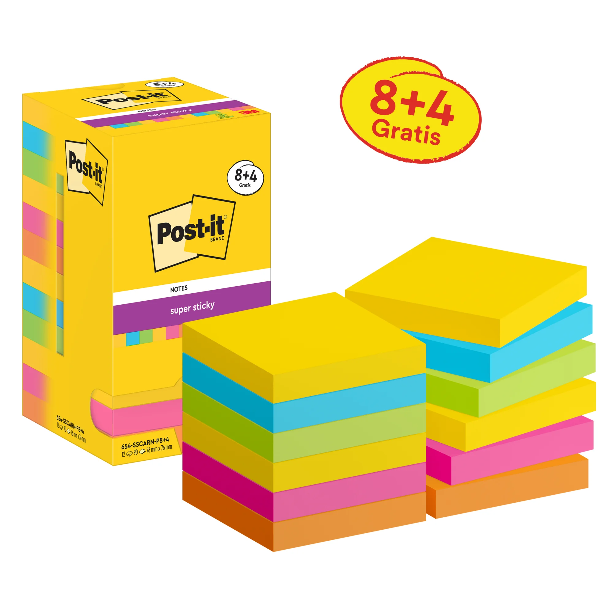 Post-it Haftnotizen super sticky notes, 76 x 76 mm, 8+4 (EAN: 4064035065645)