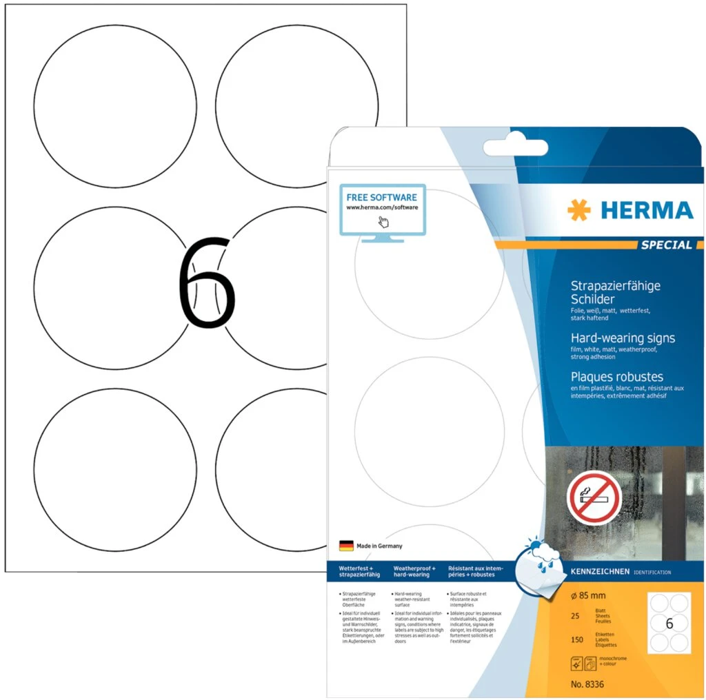HERMA Polyester-Etiketten SPECIAL, Durchmesser: 85 mm, weiß (EAN: 4008705083362)