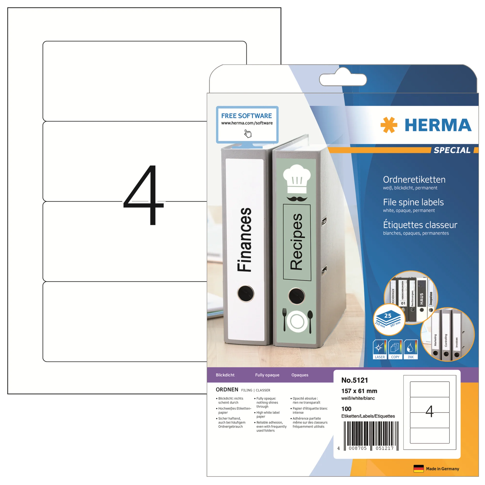 HERMA Ordnerrücken-Etiketten SPECIAL, 157 x 61 mm, weiß (EAN: 4008705051217)