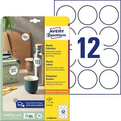 AVERY Zweckform Etiketten, wiederablösbar, Durchm.: 60 mm, weiß (EAN: 4004182067604)