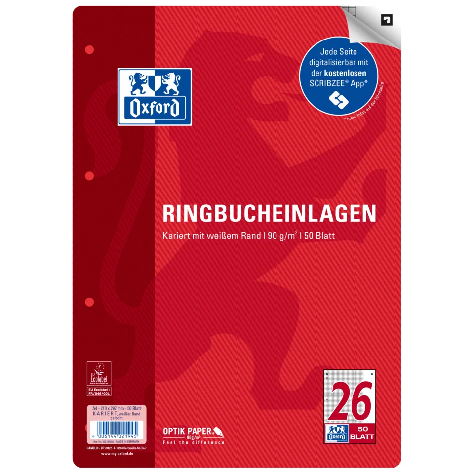 Oxford Ringbucheinlagen, DIN A4, kariert, 50 Blatt, weiß (EAN: 4006144021945)