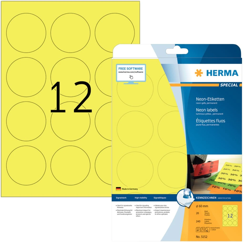 HERMA Universal-Etiketten SPECIAL, rund, 60 mm, neon-gelb (EAN: 4008705051521)