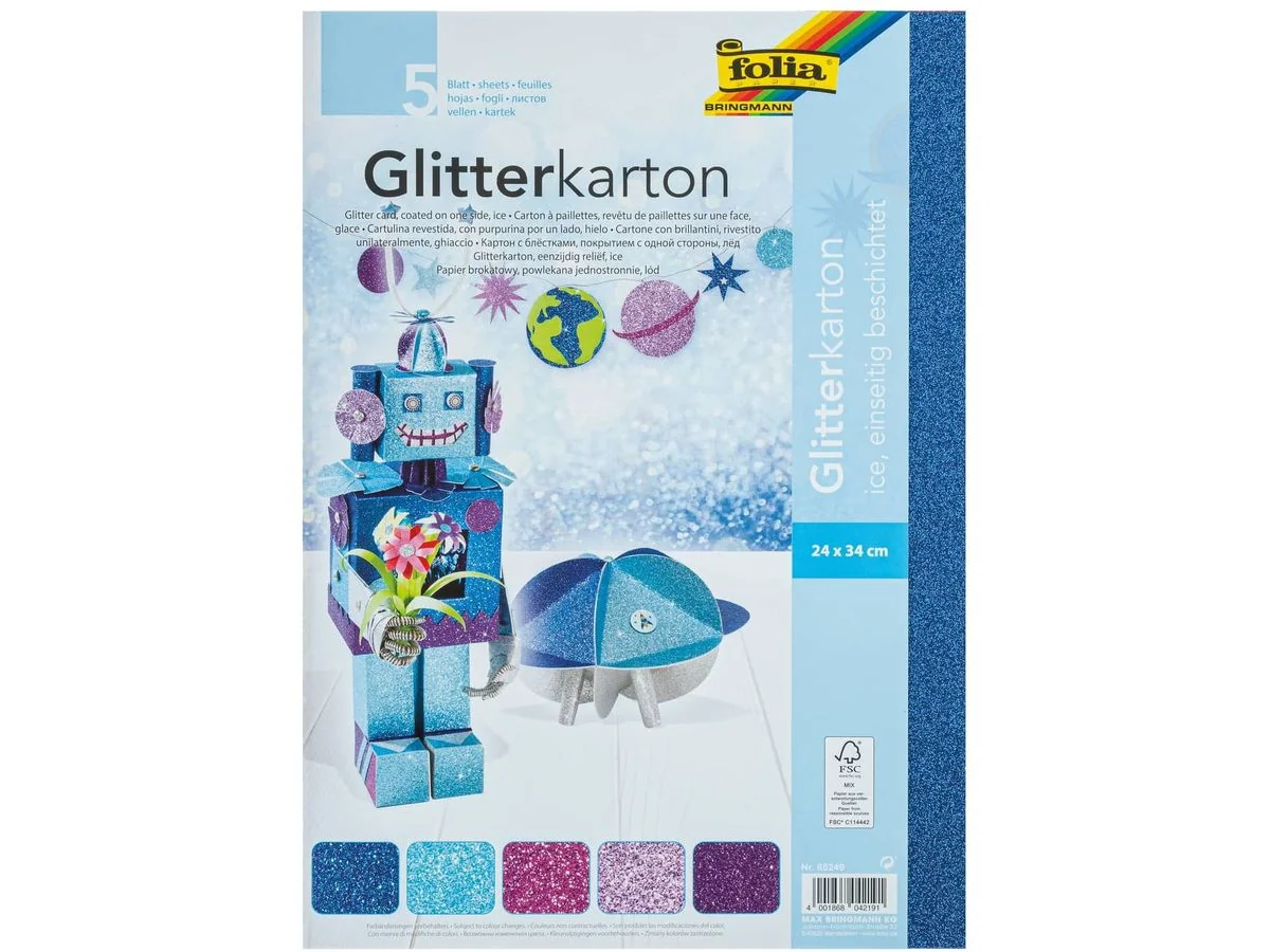 folia Glitterkarton "Ice", 240 x 340 mm, 300 g/qm, ultramarin, hellblau, pink, lila, dunkelviolett (EAN: 4001868042191)