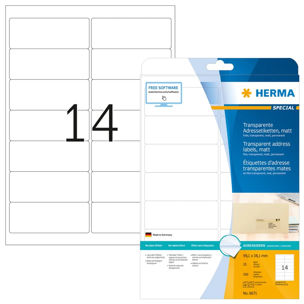 HERMA Transparente Folien-Etiketten SPECIAL, 99,1 x 38,1 mm (EAN: 4008705086714)