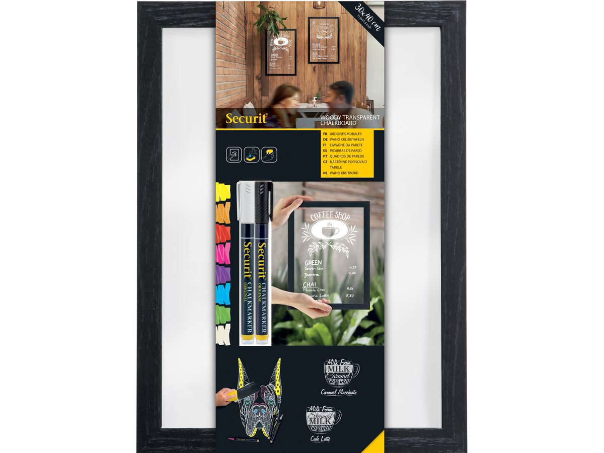 Securit Kreidetafel WOODY, aus Glas, Holz-Rahmen, schwarz (EAN: 8719075286159)