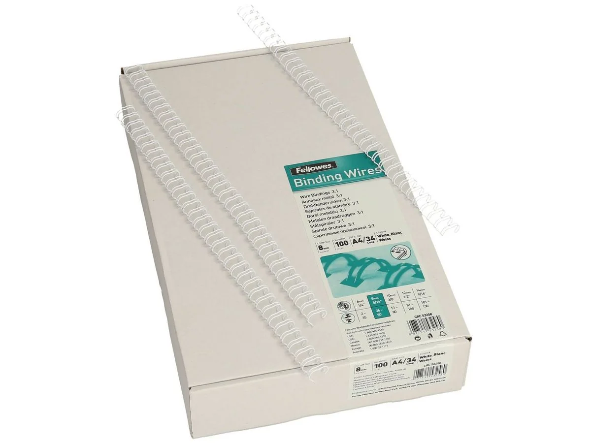 Fellowes Drahtbinderücken, DIN A4, 34 Ringe, 8 mm, weiß (EAN: 0077511532580)