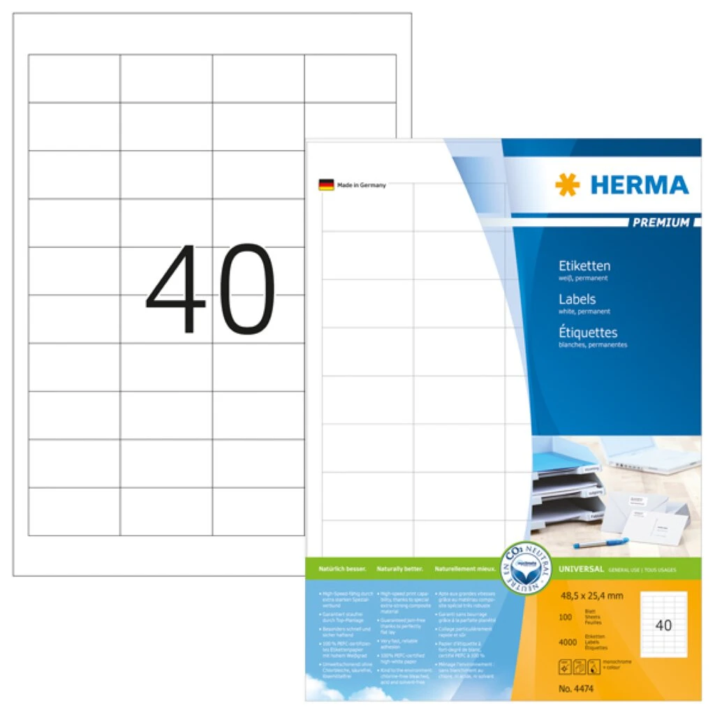 HERMA Universal-Etiketten PREMIUM, 48,5 x 25,4 mm, weiß (EAN: 4008705044745)