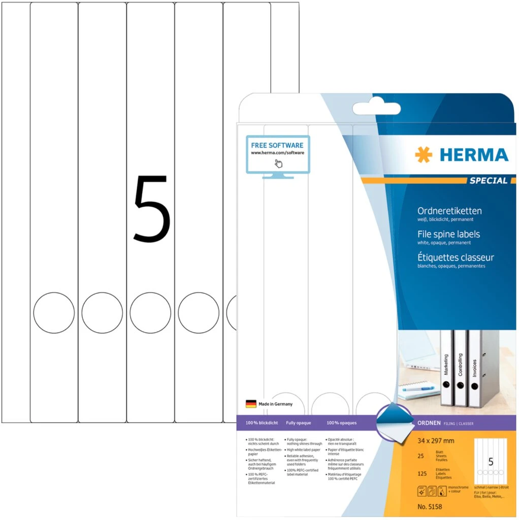 HERMA Ordnerrücken-Etiketten SPECIAL, 297,0 x 34,0 mm, weiß (EAN: 4008705051583)
