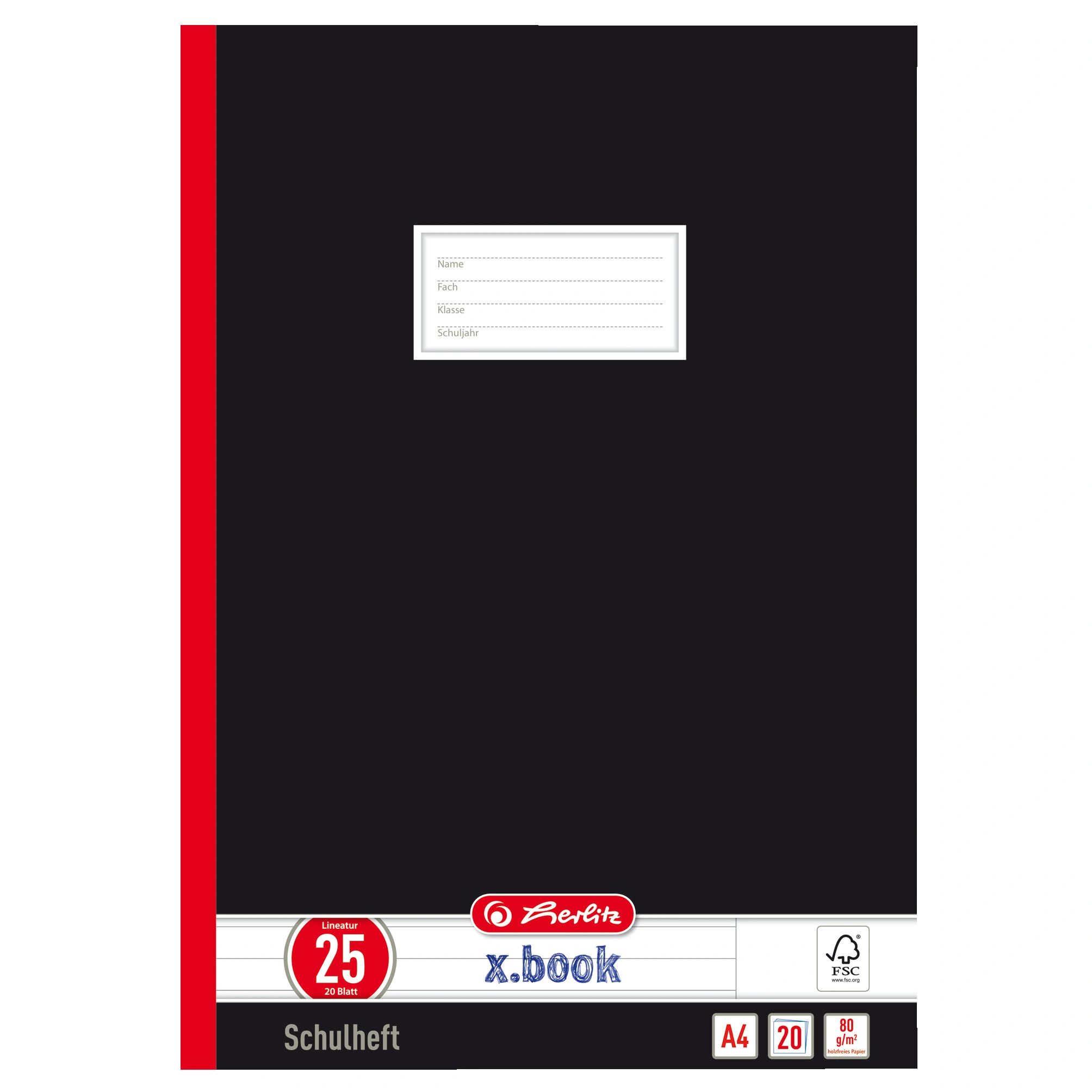 herlitz Oberschulheft x.book, DIN A4, liniert mit Rand, schwarz mit roter Falz, weißer Rand rechts (EAN: 4008110331218)
