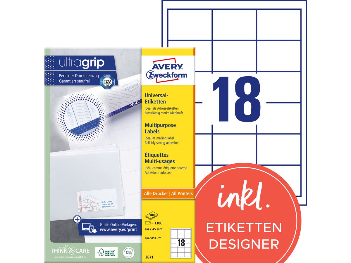 AVERY Zweckform Universal-Etiketten, 64 x 45 mm, weiß (EAN: 4004182036716)