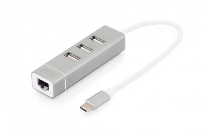 DIGITUS USB 2.0 auf Fast Ethernet Adapter, 3-Port USB Hub (EAN: 4016032385998)