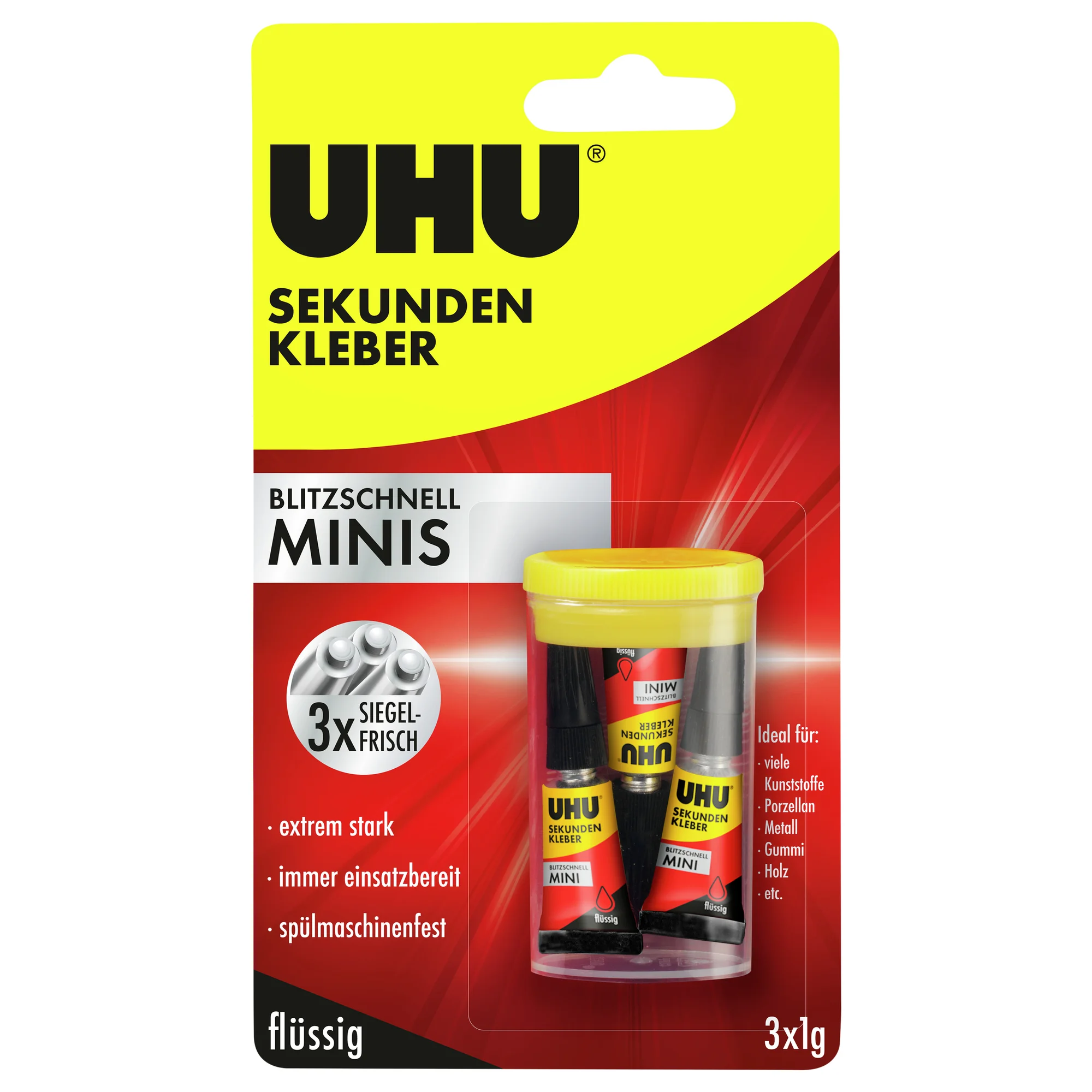 UHU Sekundenkleber BLITZSCHNELL MINIS flüssig, 3 Tuben à 1 g (EAN: 4026700454154)
