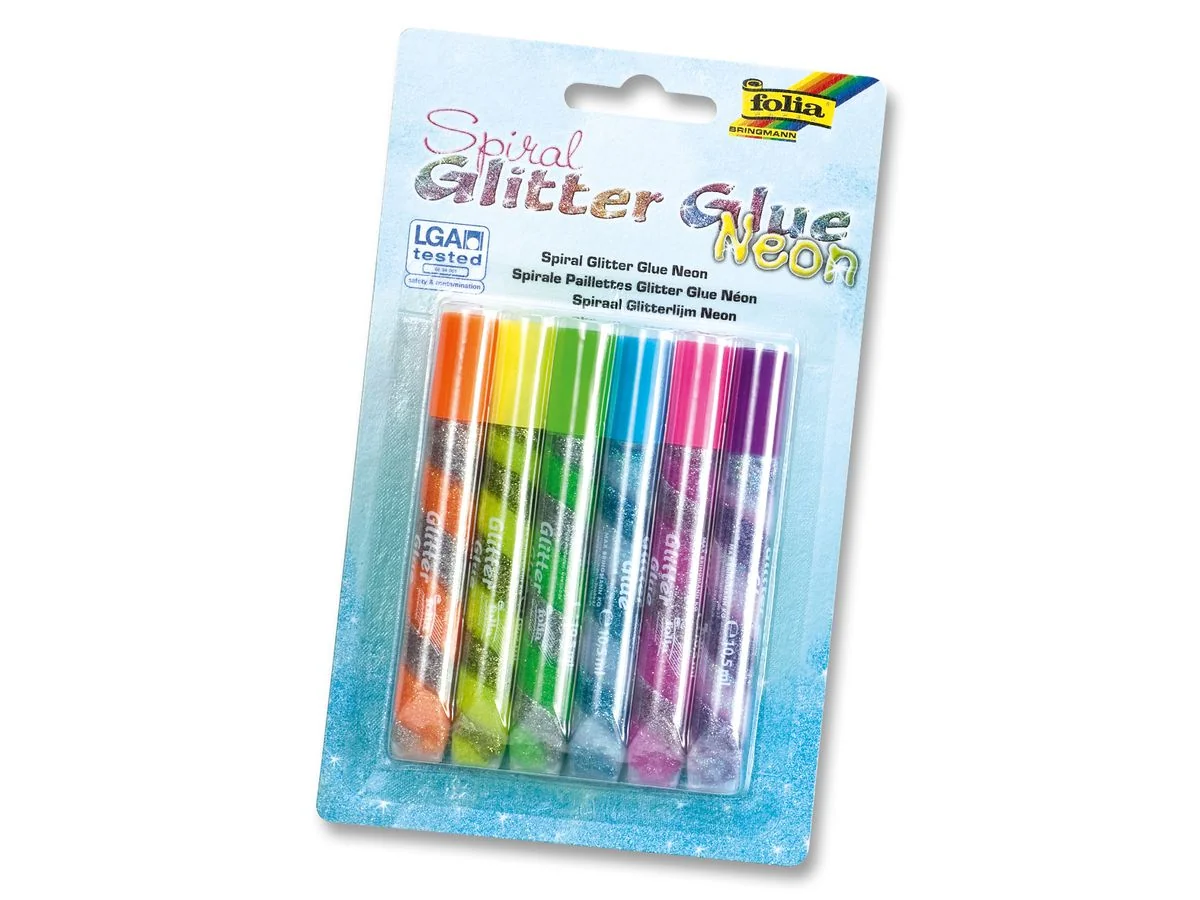 folia Glitzerkleber "Glitterglue SPIRAL NEON", sortiert, lila, pink, orange, gelb, blau und grün (EAN: 4001868052657)