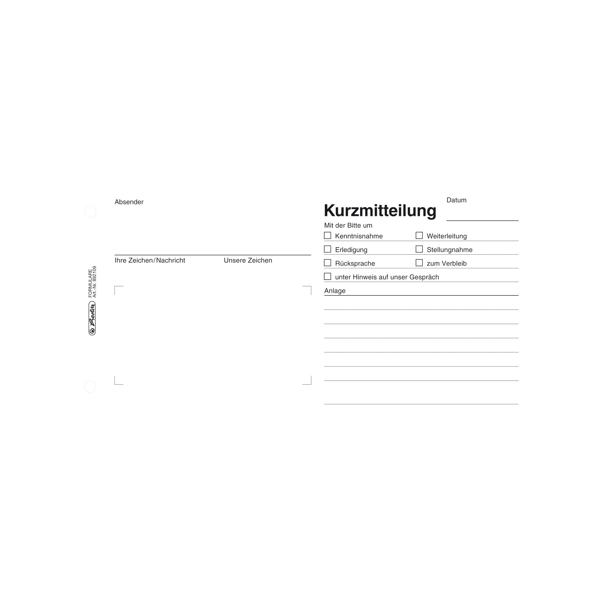 herlitz Formularbuch "Kurzmitteilung", 1/3 A4 quer (EAN: 4008110892108)
