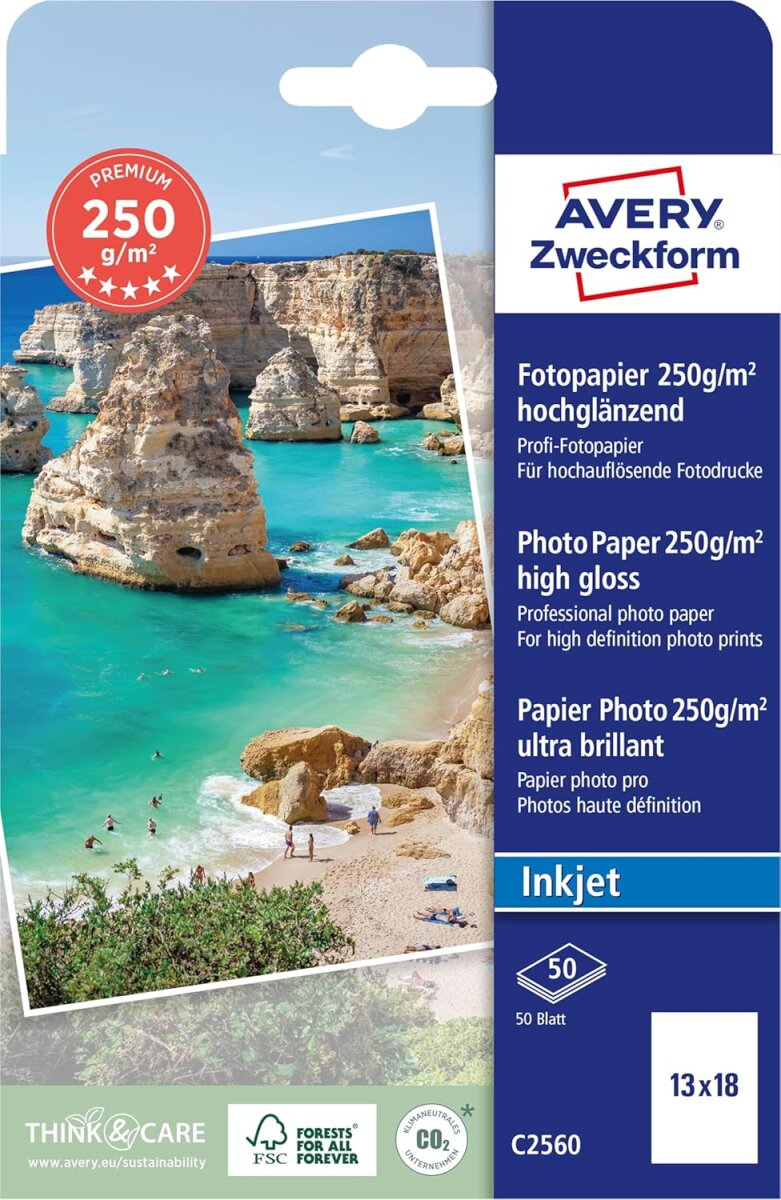 AVERY Zweckform Inkjet Fotopapier PREMIUM, 13 x 18 cm, weiß (EAN: 4004182064290)