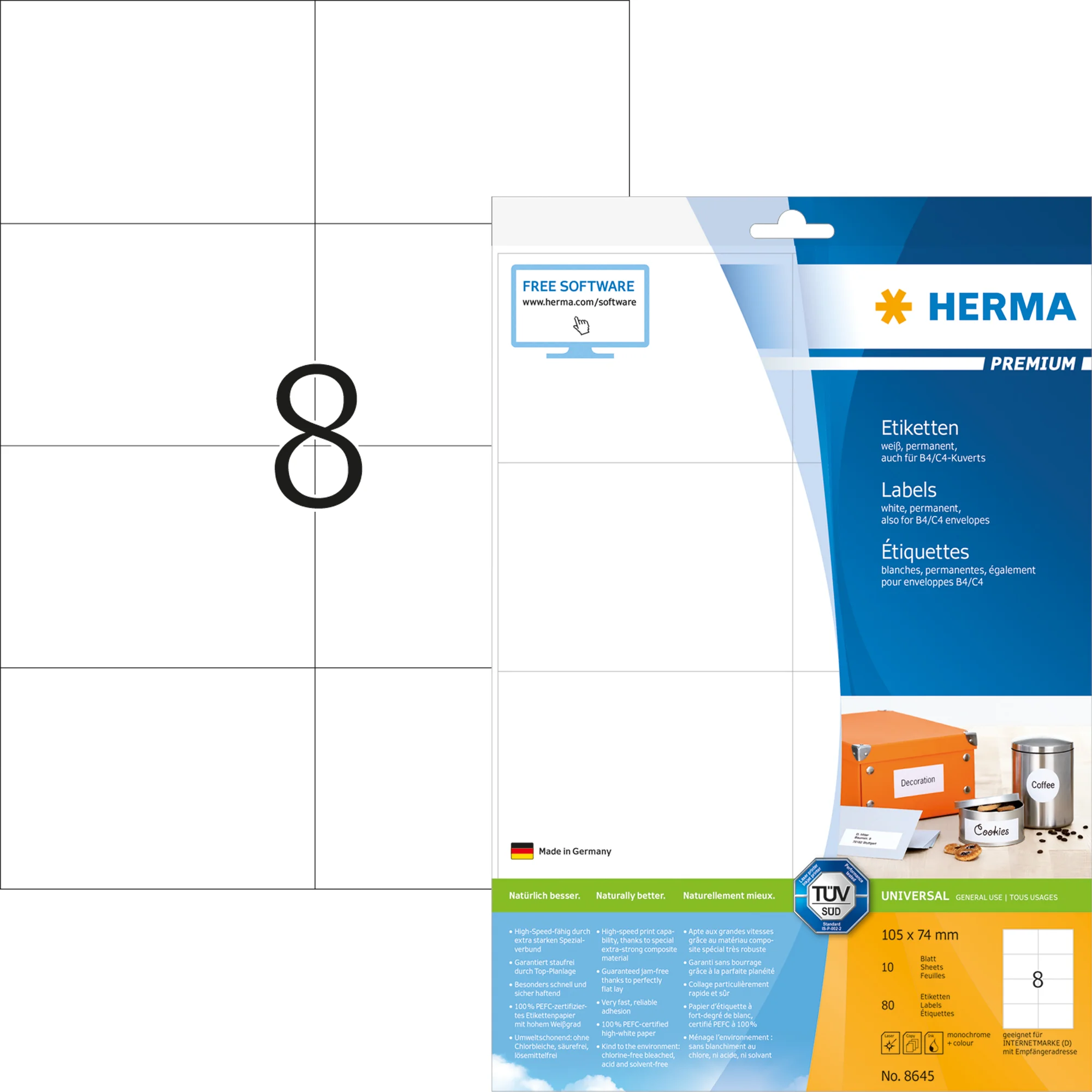 HERMA Universal-Etiketten PREMIUM, 105 x 74 mm, weiß (EAN: 4008705086455)