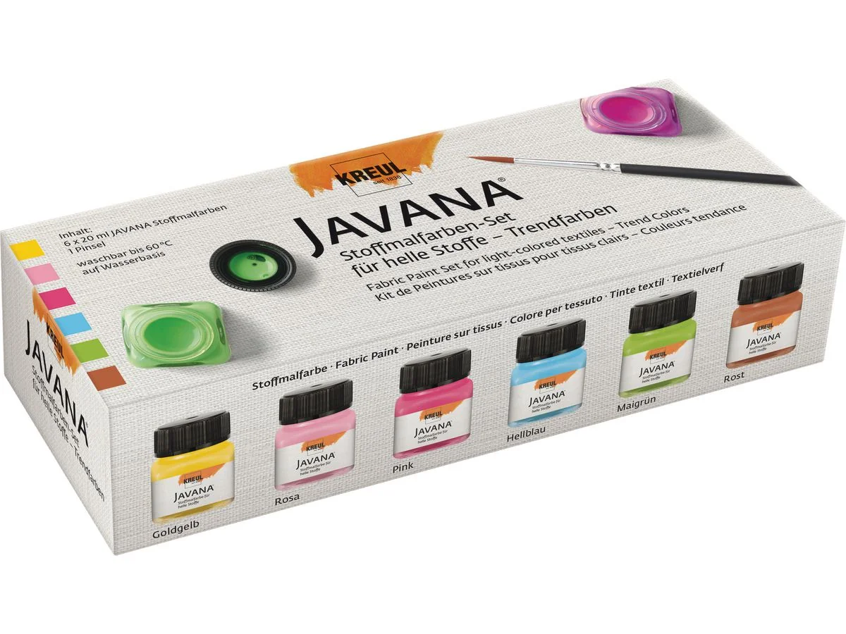 KREUL Textilfarbe JAVANA, Trendfarben-Set, 6 x 20 ml, goldgelb, rosa, pink, hellblau, maigrün, rost (EAN: 4000798905996)
