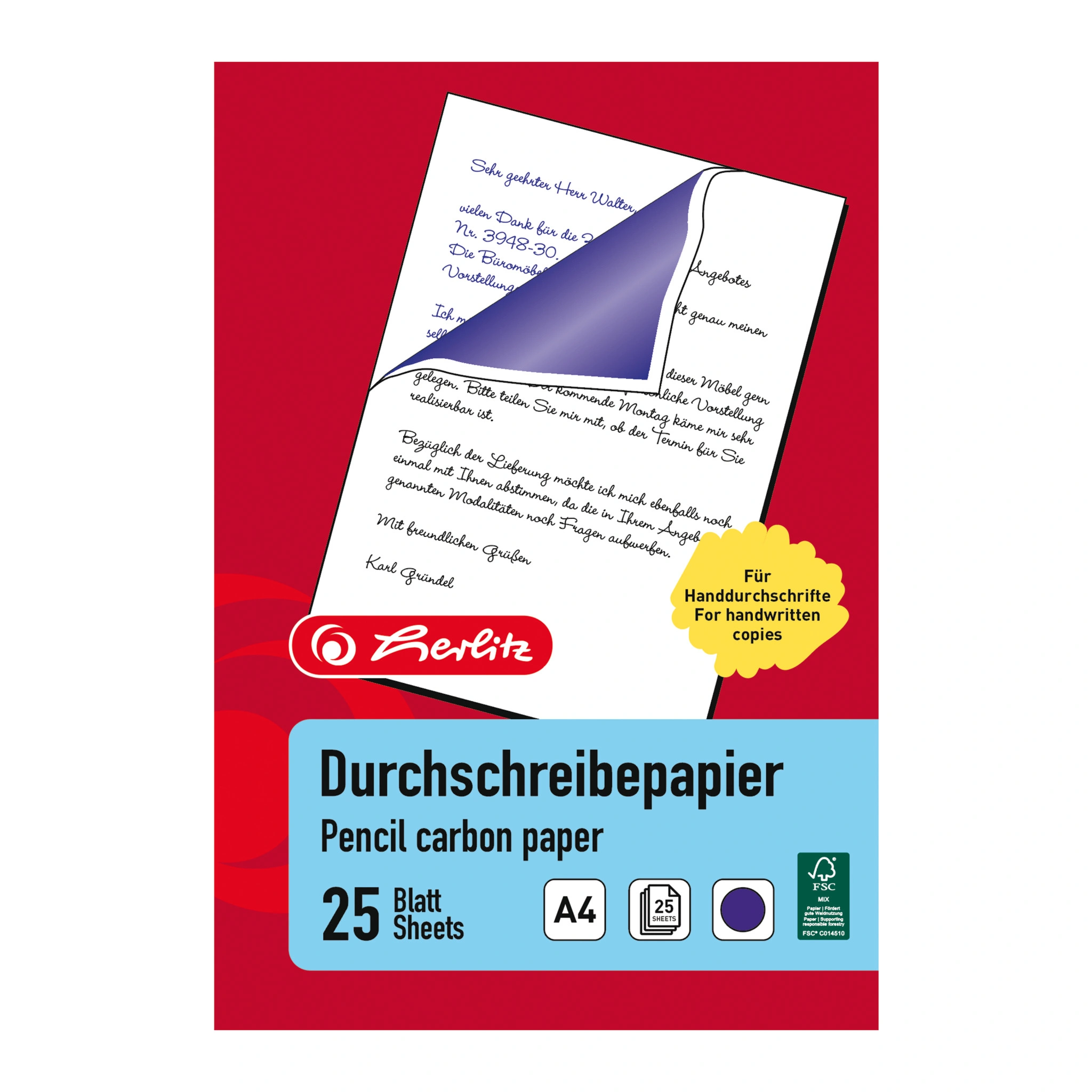 herlitz Durchschreibpapier, DIN A4, Inhalt: 25 Blatt, blau schreibend (EAN: 4008110161921)