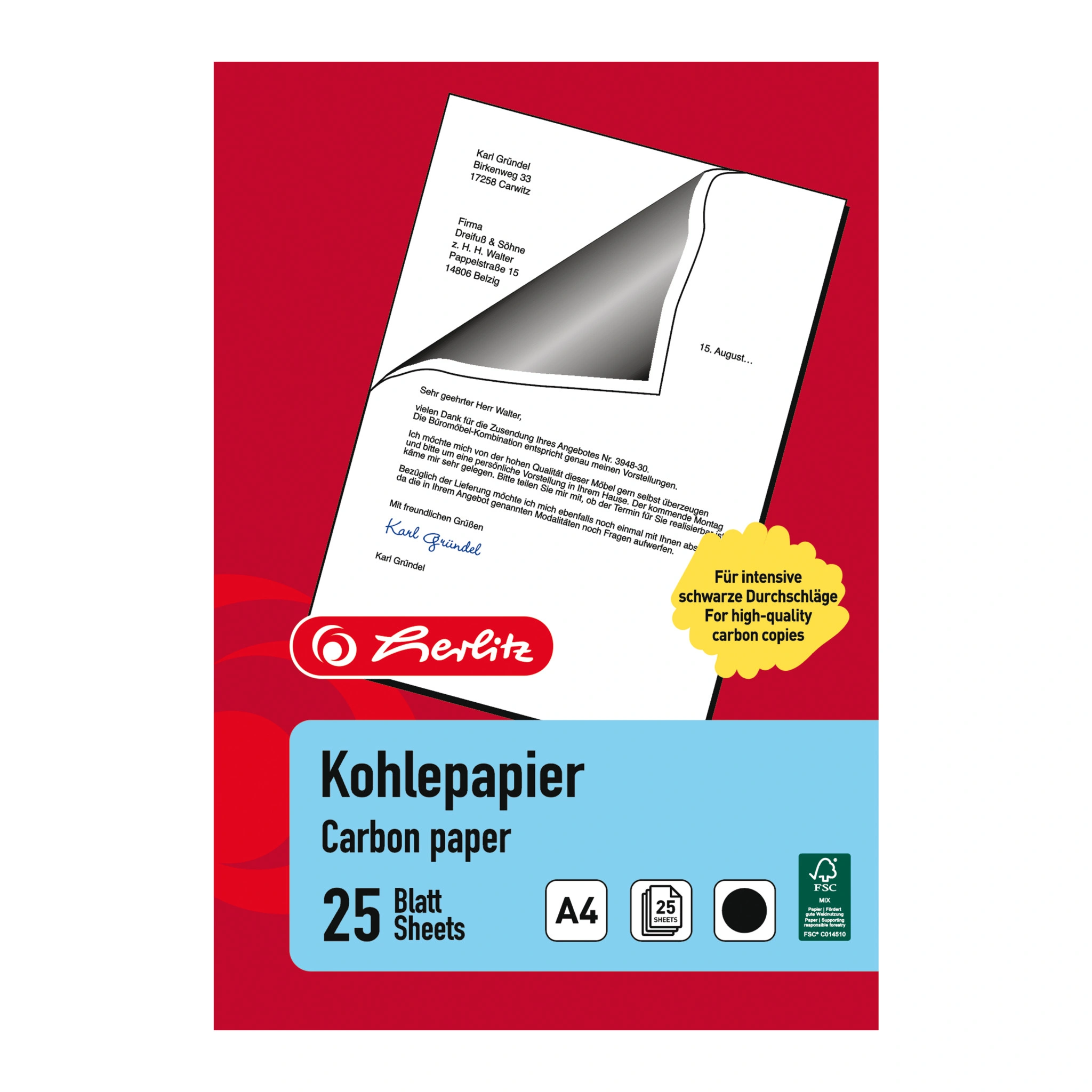 herlitz Kohlepapier, DIN A4, Inhalt: 25 Blatt, schwarz (EAN: 4008110161945)
