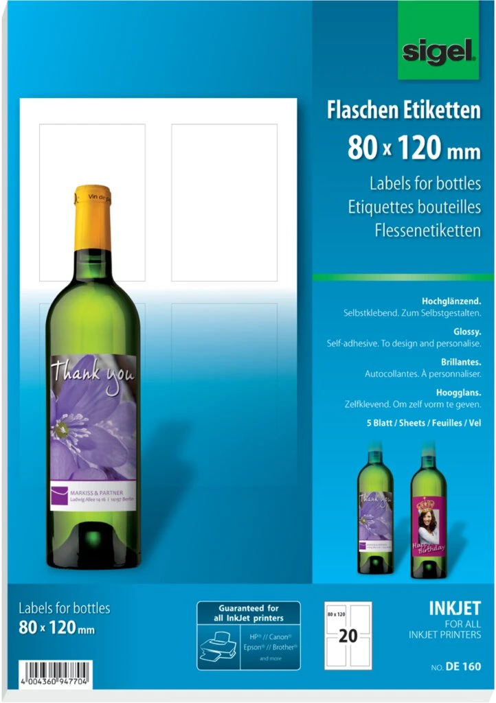 sigel Inkjet Flaschen-Etiketten, 80 x 120 mm, 85 g/qm (EAN: 4004360947704)