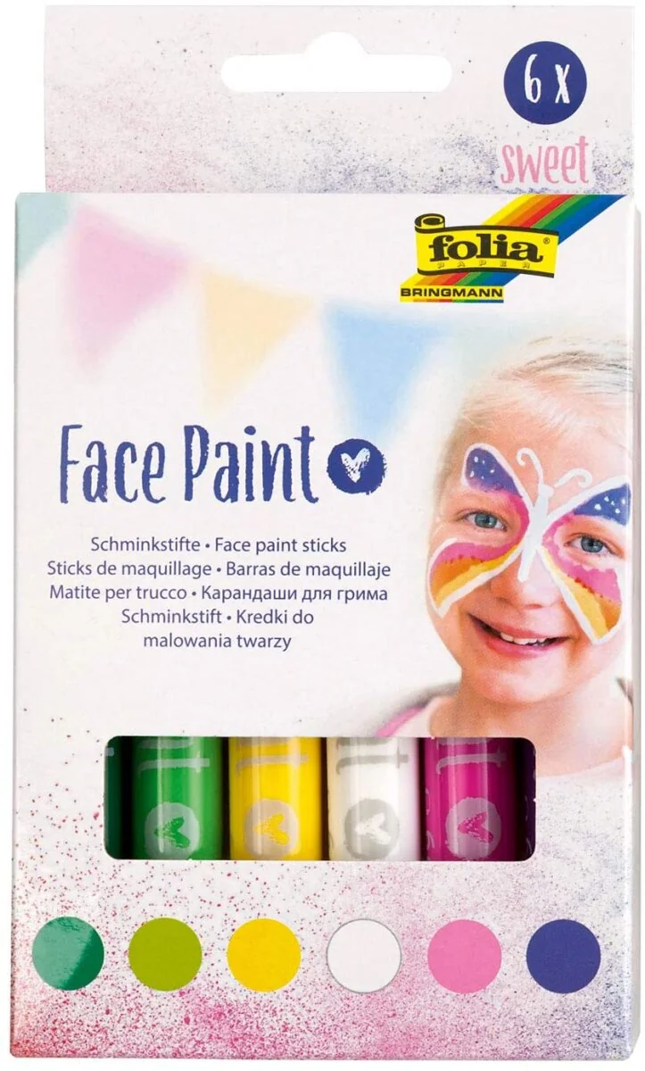 folia Schminkstifte Face Paint Set SWEET, dunkelgrün, hellgrün, gelb, weiß, pink und lila (EAN: 4001868116564)