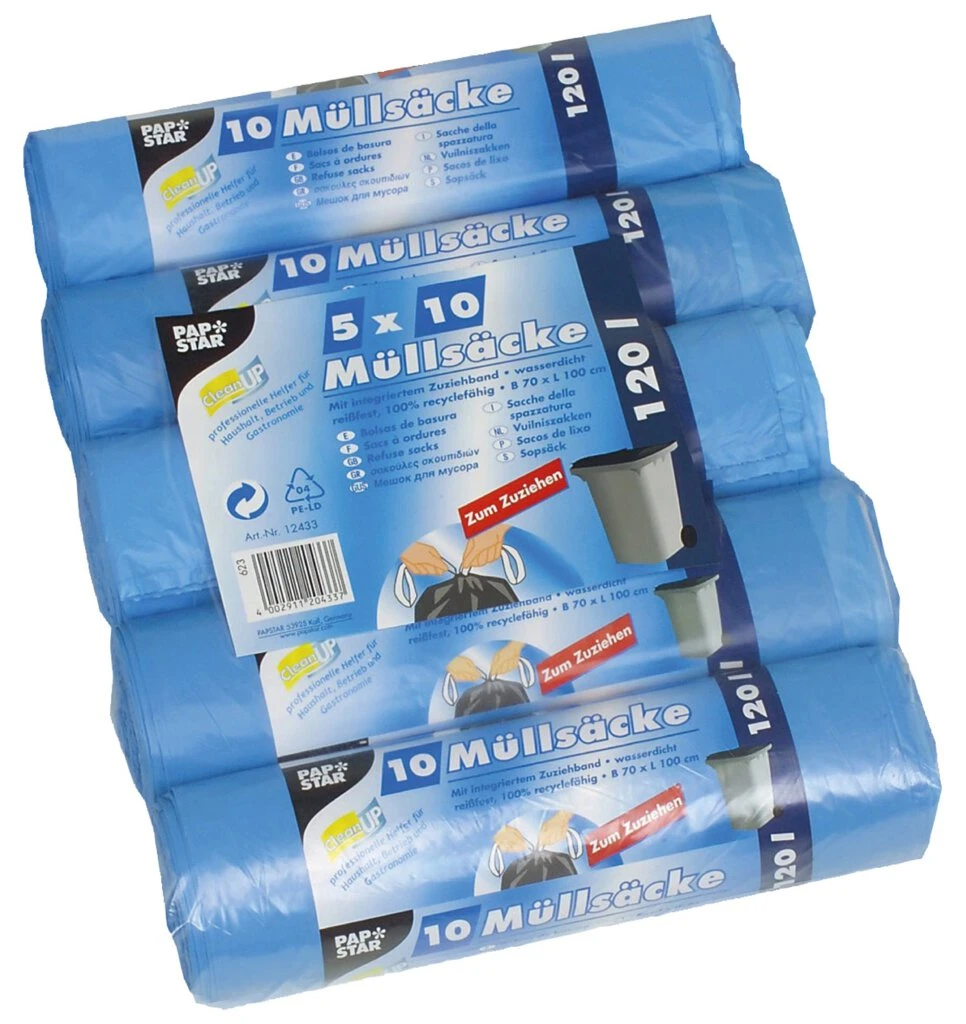 STARPAK Müllsäcke HDPE, mit Zugband, 120 Liter, blau (EAN: 4002911204337)