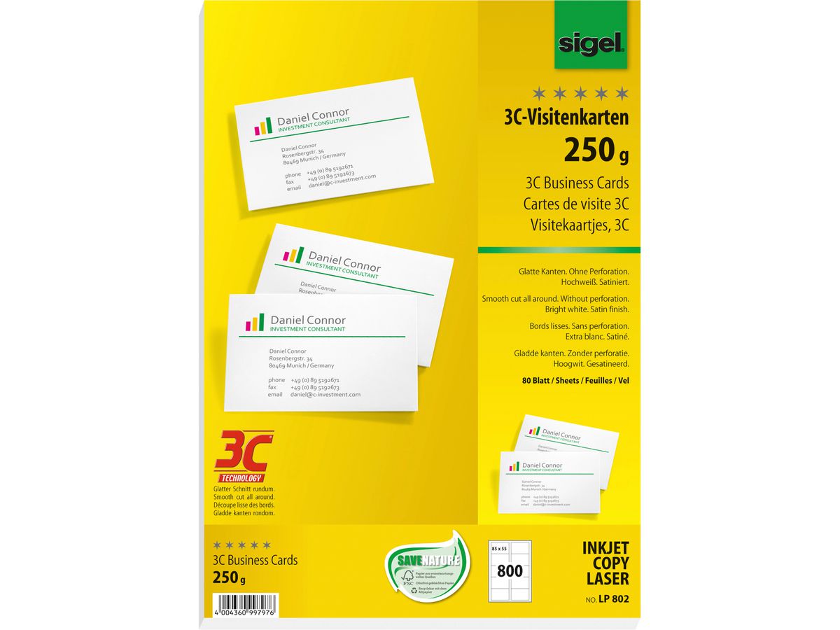 sigel Visitenkarten 3C, 85 x 55 mm, 250 g/qm, hochweiß (EAN: 4004360997976)