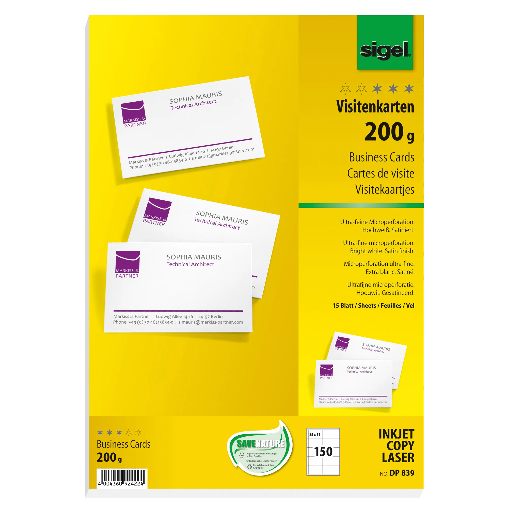 sigel Visitenkarten, 85 x 55 mm, 200 g/qm, hochweiß (EAN: 4004360924224)