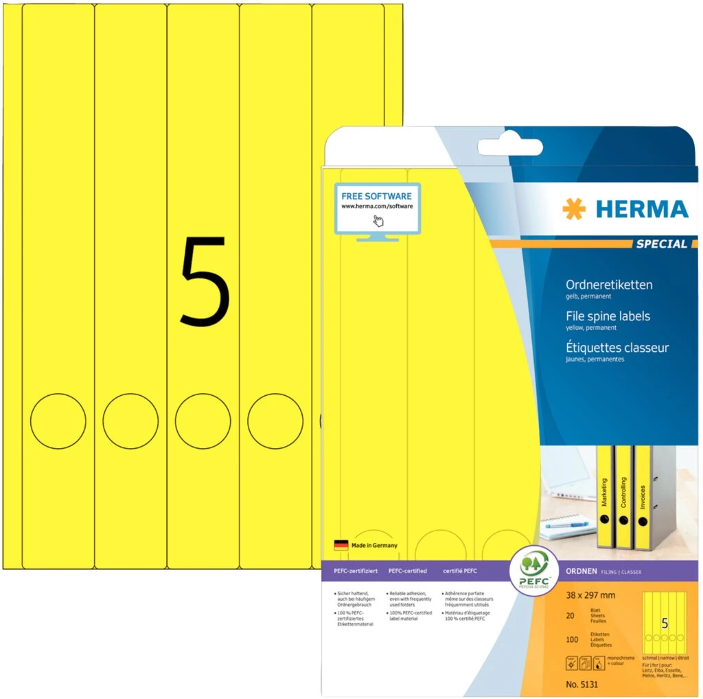 HERMA Ordnerrücken-Etiketten SPECIAL, 38 x 297 mm, gelb (EAN: 4008705051316)