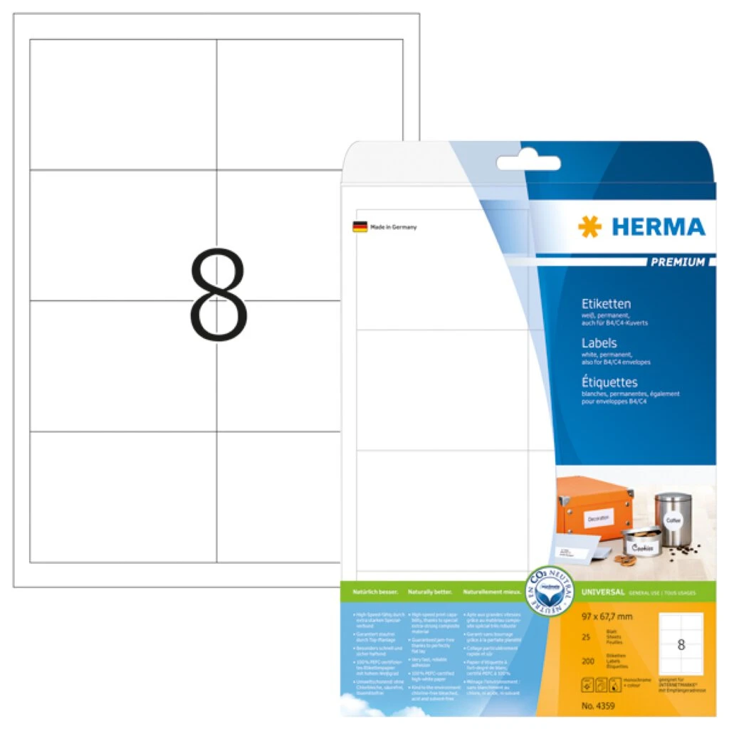 HERMA Universal-Etiketten PREMIUM, 97,0 x 67,7 mm, weiß (EAN: 4008705043595)