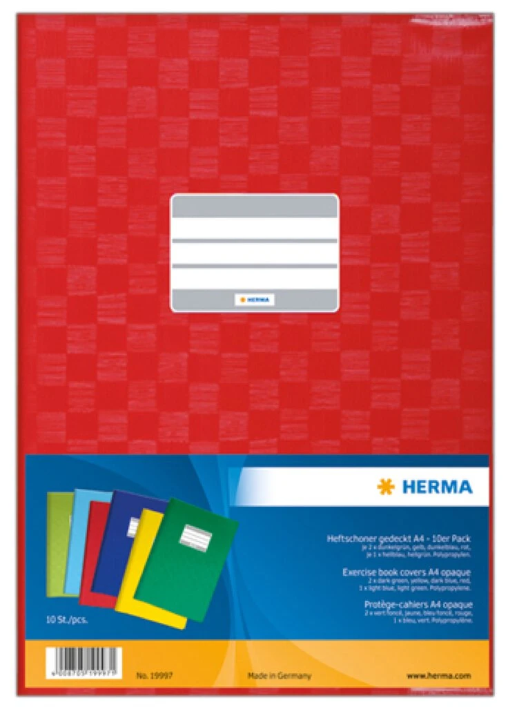 HERMA Heftschoner Bast, DIN A4, aus PP, 10er Set, gelb, rot, dunkelblau, orange, dunkelgrün (EAN: 4008705199971)