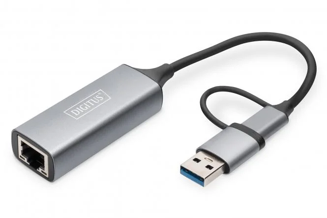DIGITUS USB Type-C Gigabit Ethernet Adapter, USB-C + USB A, grau (EAN: 4016032473572)