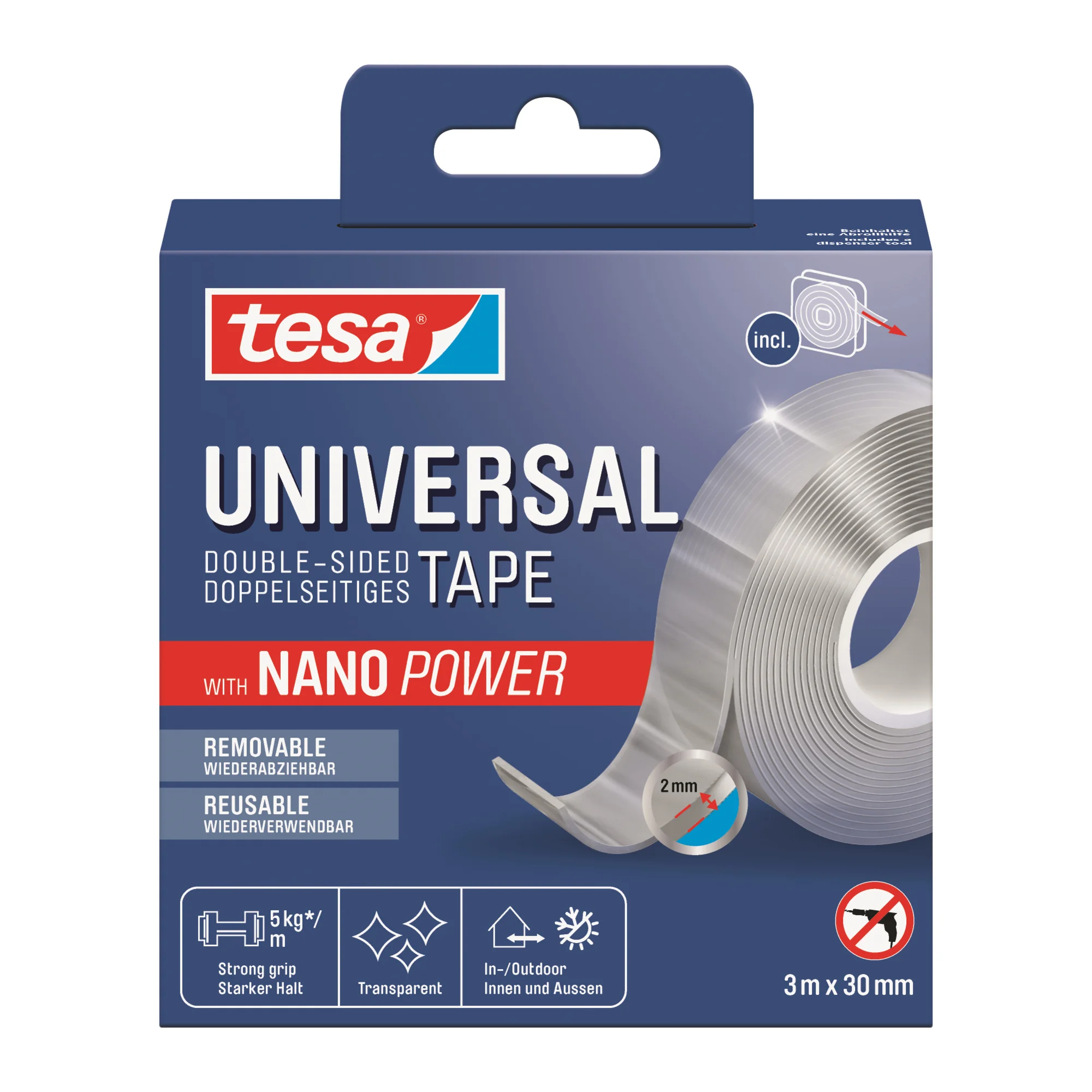 tesa Doppelseitiges Klebeband NANO POWER, 30 mm x 3 m, transparent (EAN: 4063565398698)