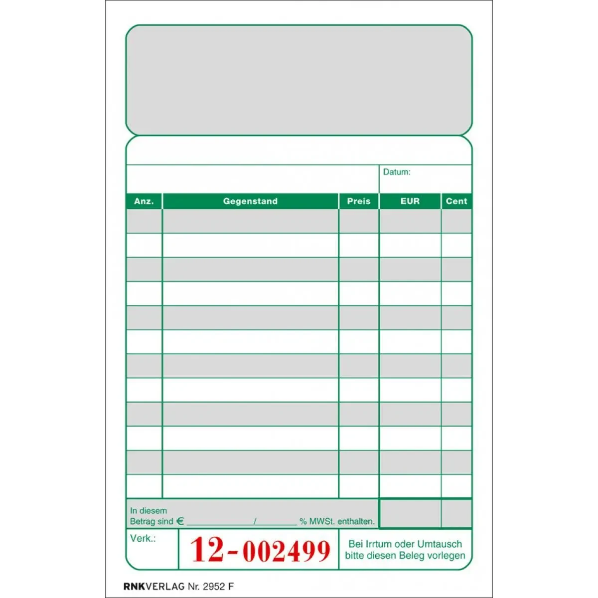 RNK Verlag Kassenblock, 96 x 167 mm, 2 x 50 Blatt (EAN: 4002871295215)