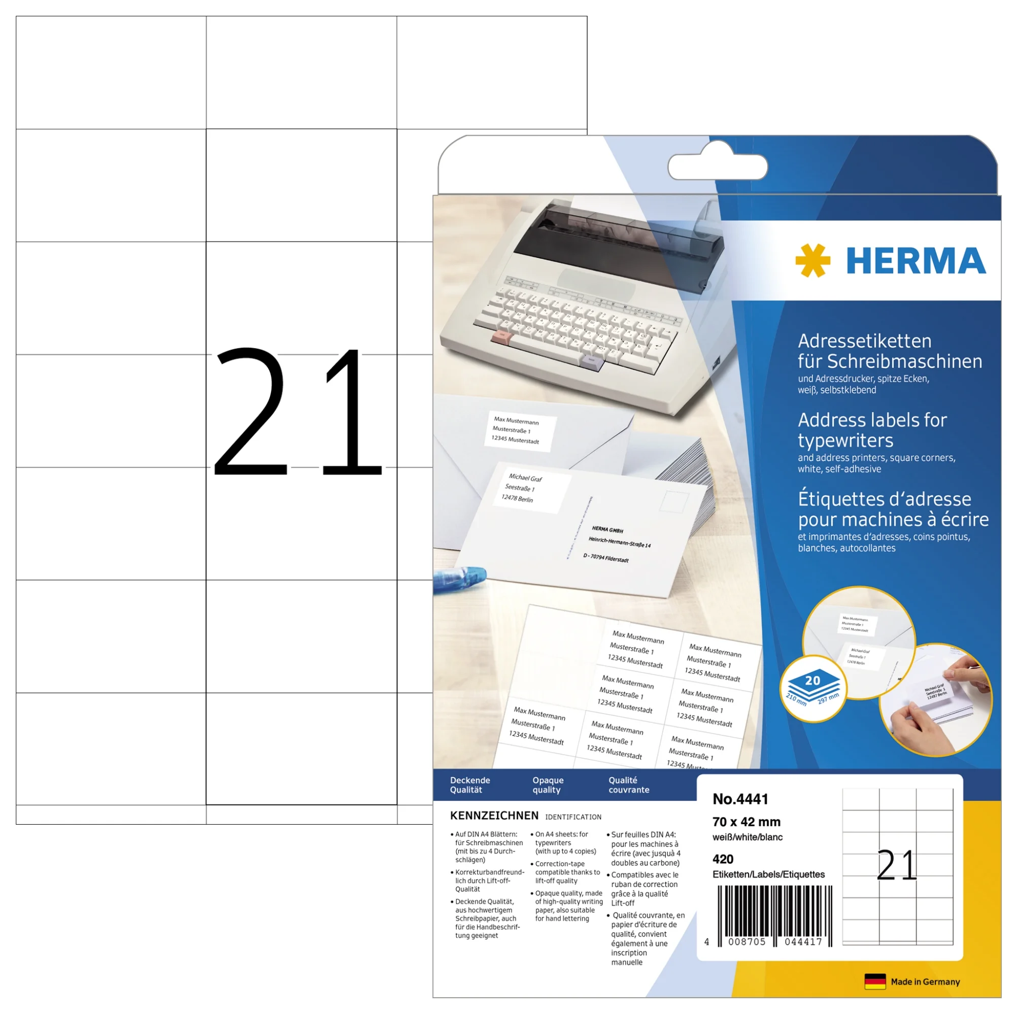 HERMA Adress-Etiketten, 70 x 42 mm, Ecken spitz, weiß (EAN: 4008705044417)