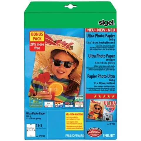 sigel Ultra-Foto-Papier, 13 x 18 cm, hochglänzend, 260 g/qm, superweiß (EAN: 4004360997631)