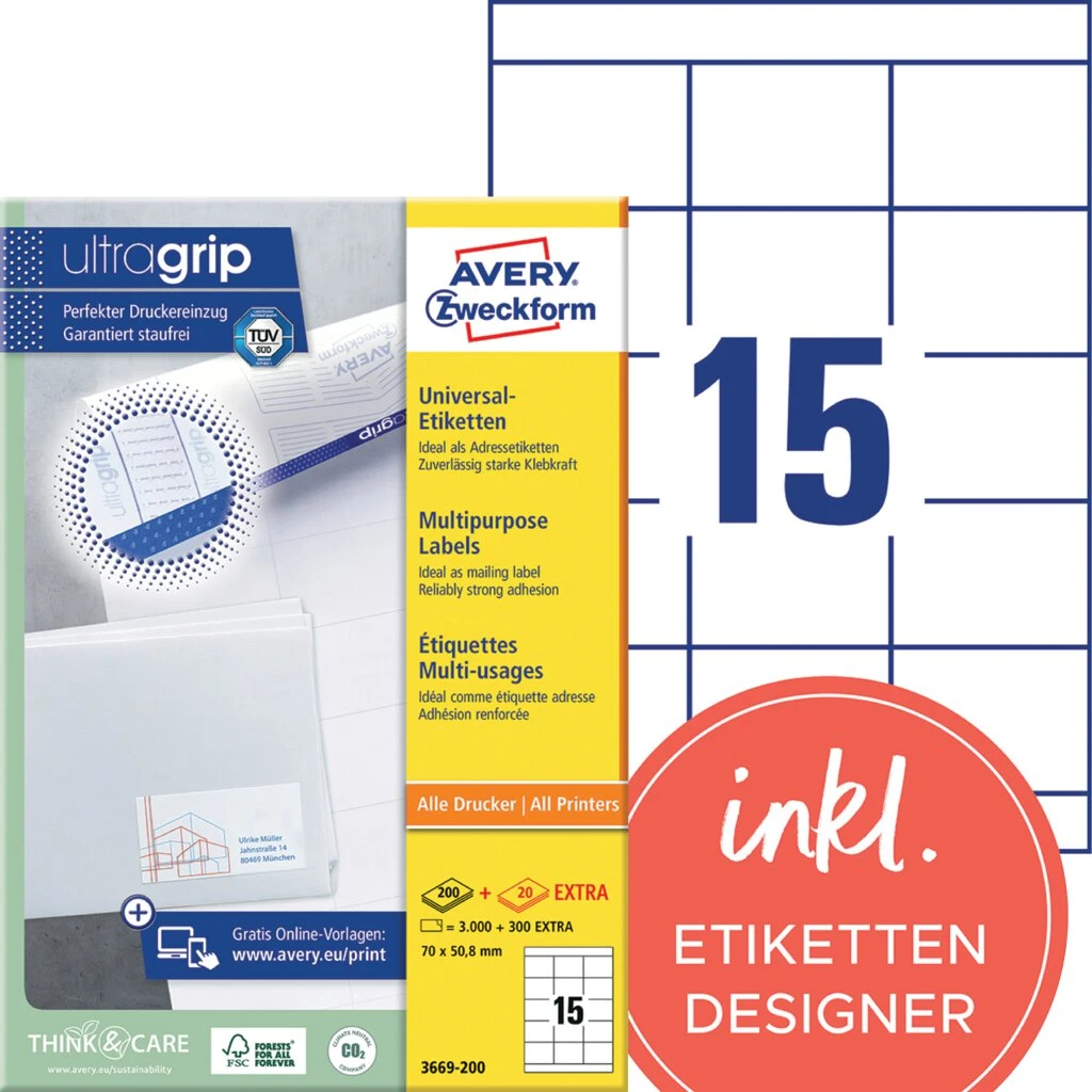 AVERY Zweckform Universal-Etiketten, 70 x 50,8 mm, weiß (EAN: 4004182249536)
