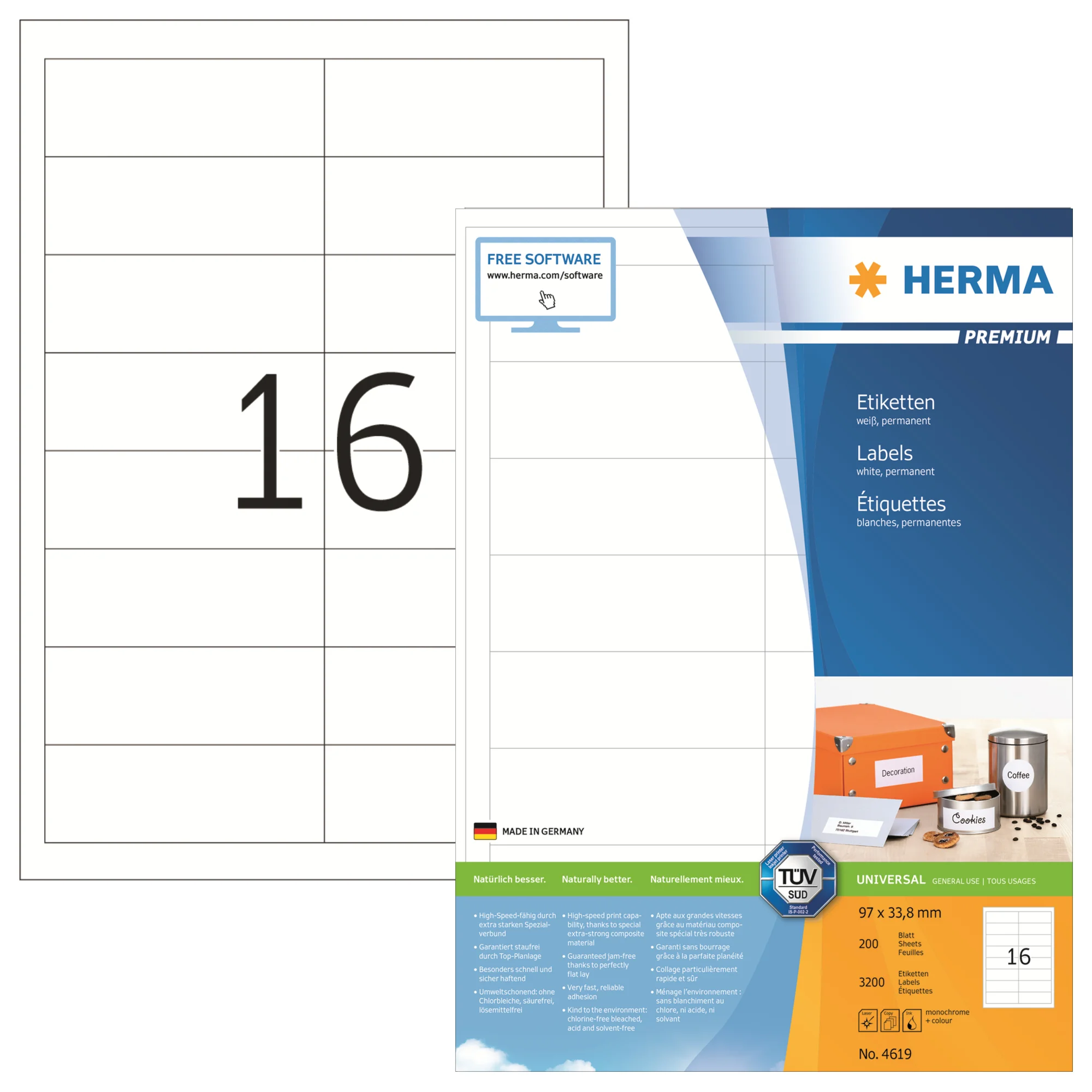 HERMA Universal-Etiketten PREMIUM, 97,0 x 33,8 mm, weiß (EAN: 4008705046190)
