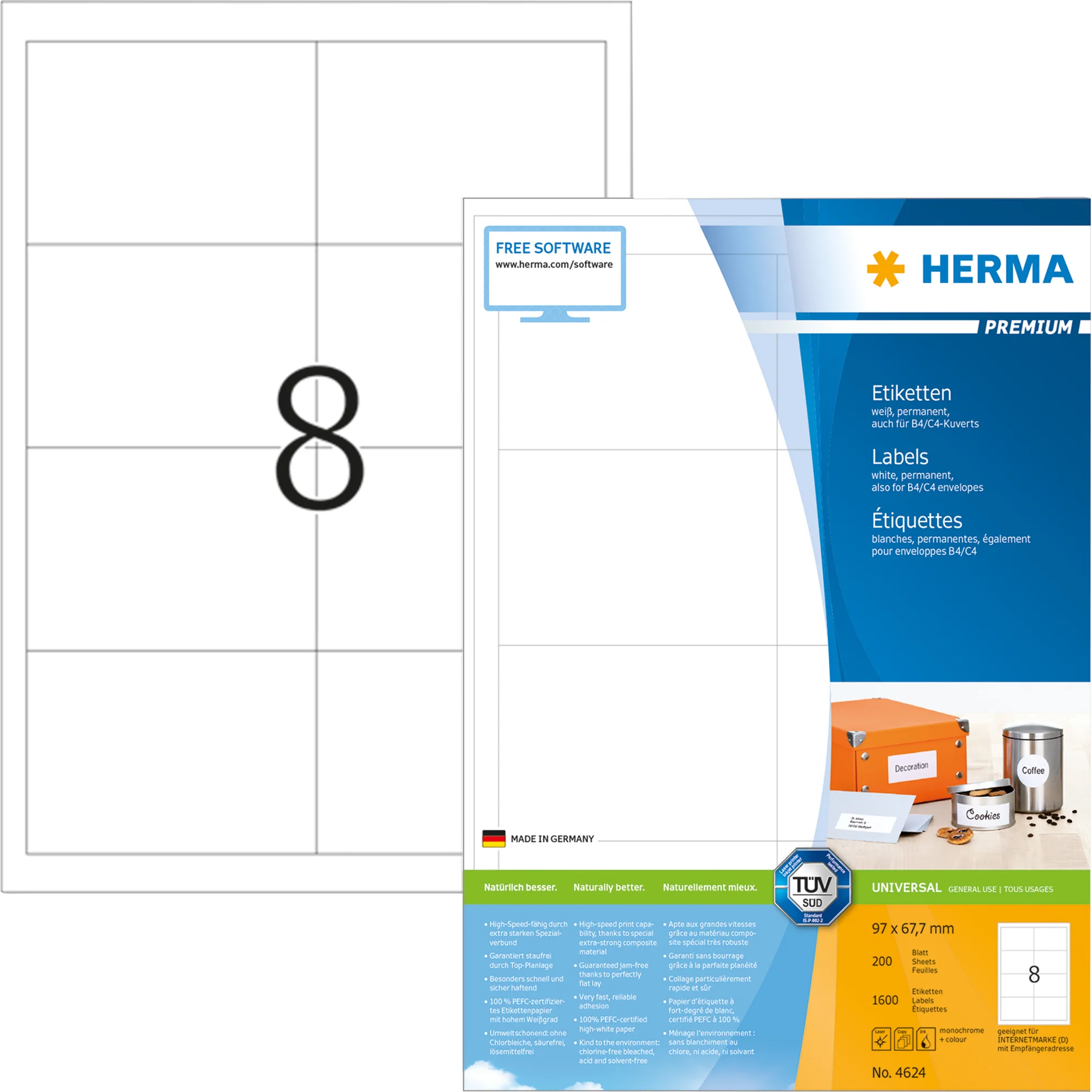 HERMA Universal-Etiketten PREMIUM, 97,0 x 67,7 mm, weiß (EAN: 4008705046244)