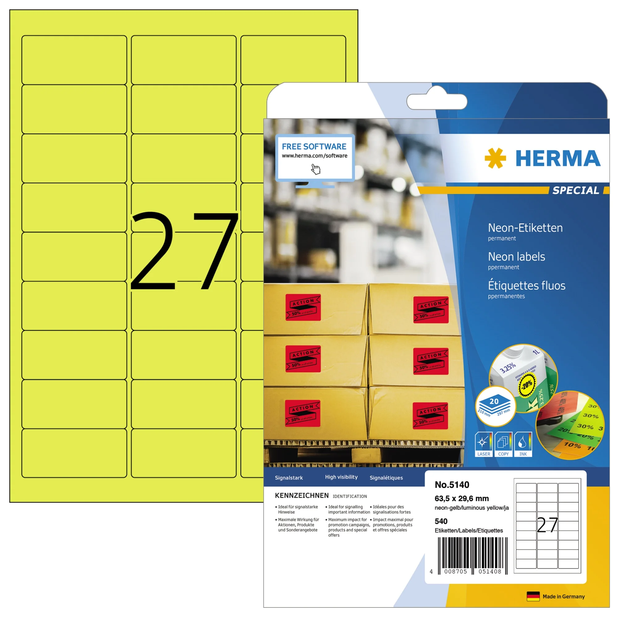 HERMA Universal-Etiketten SPECIAL, 63,5 x 29,6 mm, neon-gelb (EAN: 4008705051408)