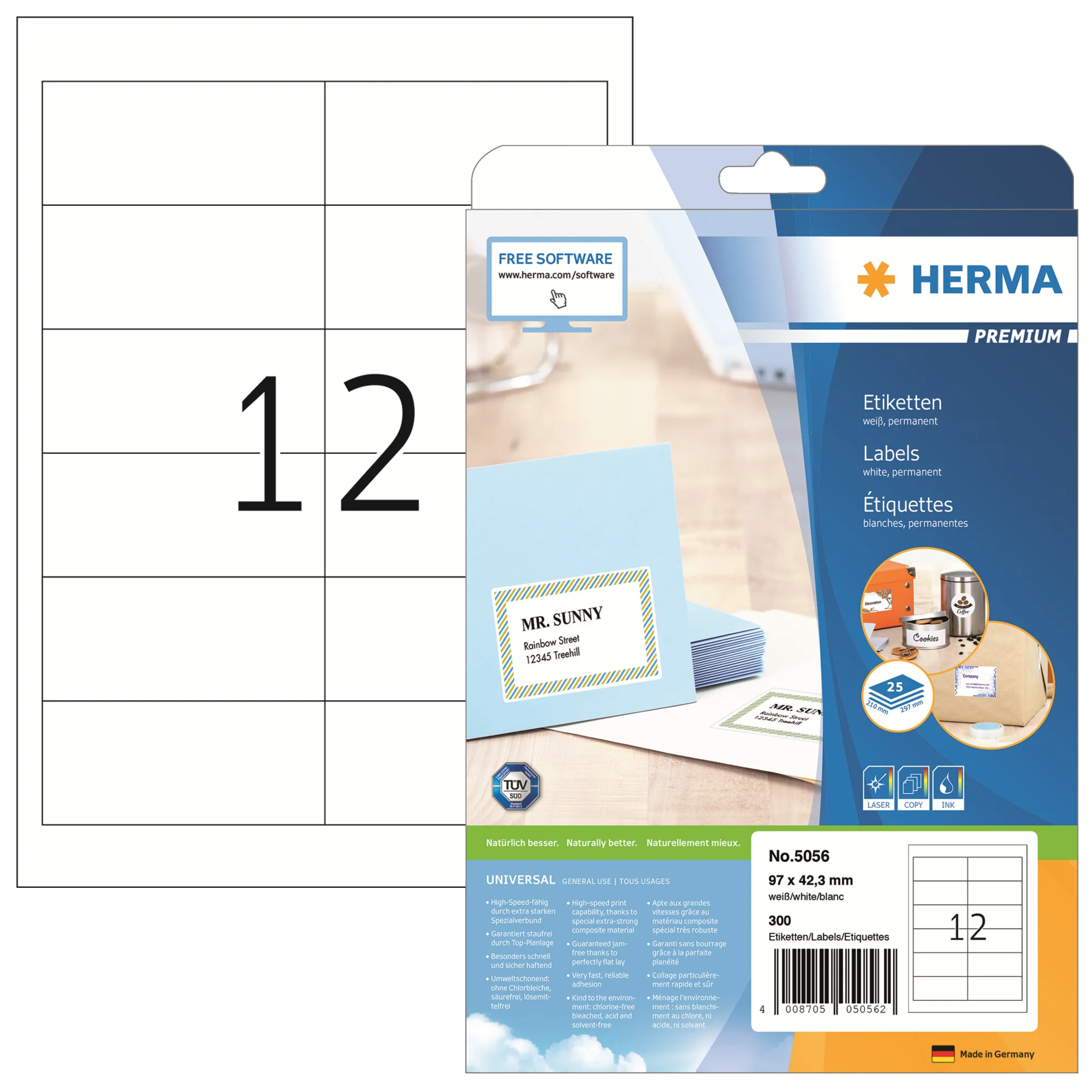 HERMA Universal-Etiketten PREMIUM, 97,0 x 42,3 mm, weiß (EAN: 4008705050562)