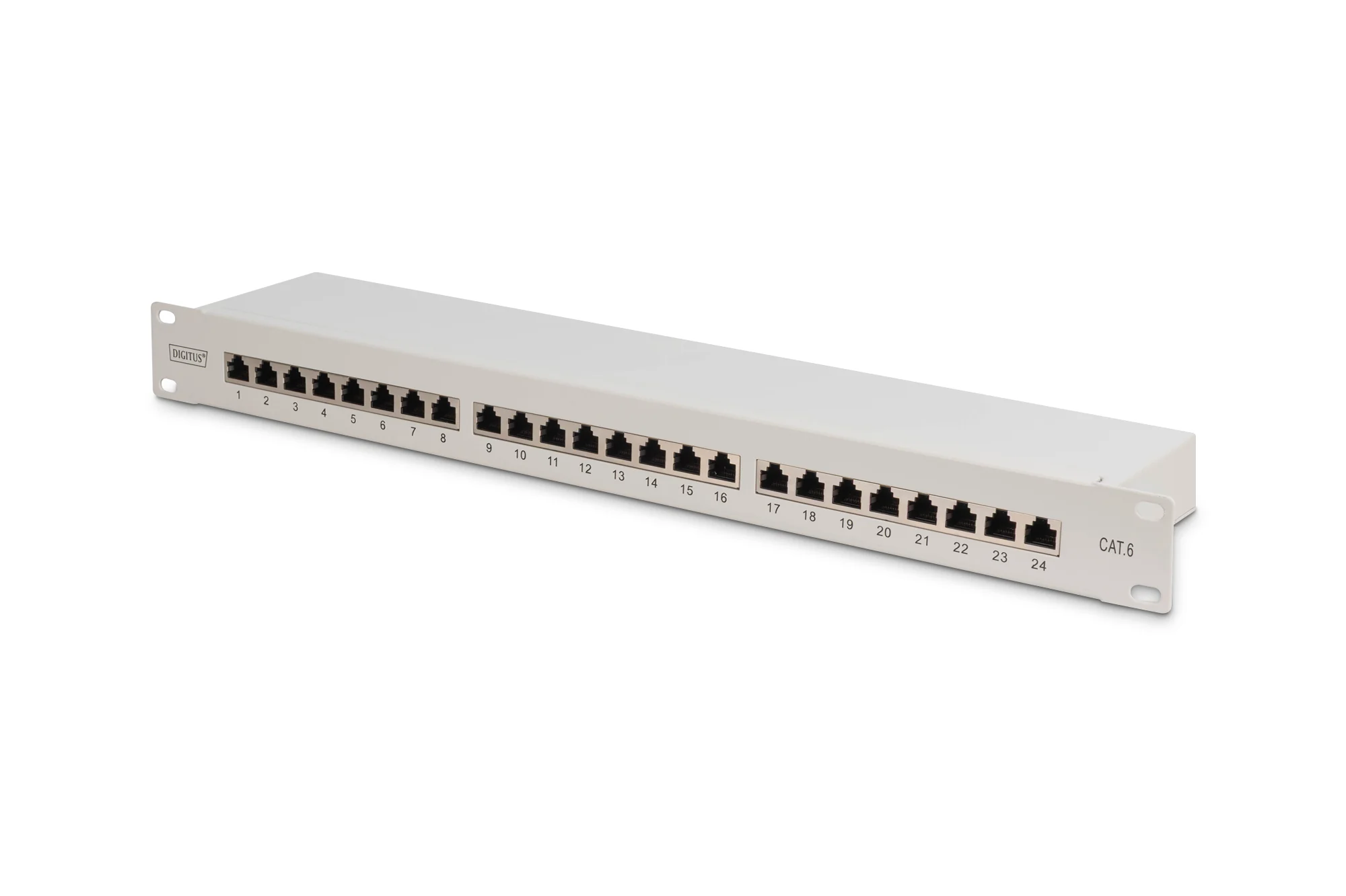 DIGITUS 19" Patch Panel Kat.6, Klasse E, 24 x RJ45, 1 HE, lichtgrau (RAL 7035) (EAN: 4016032241614)