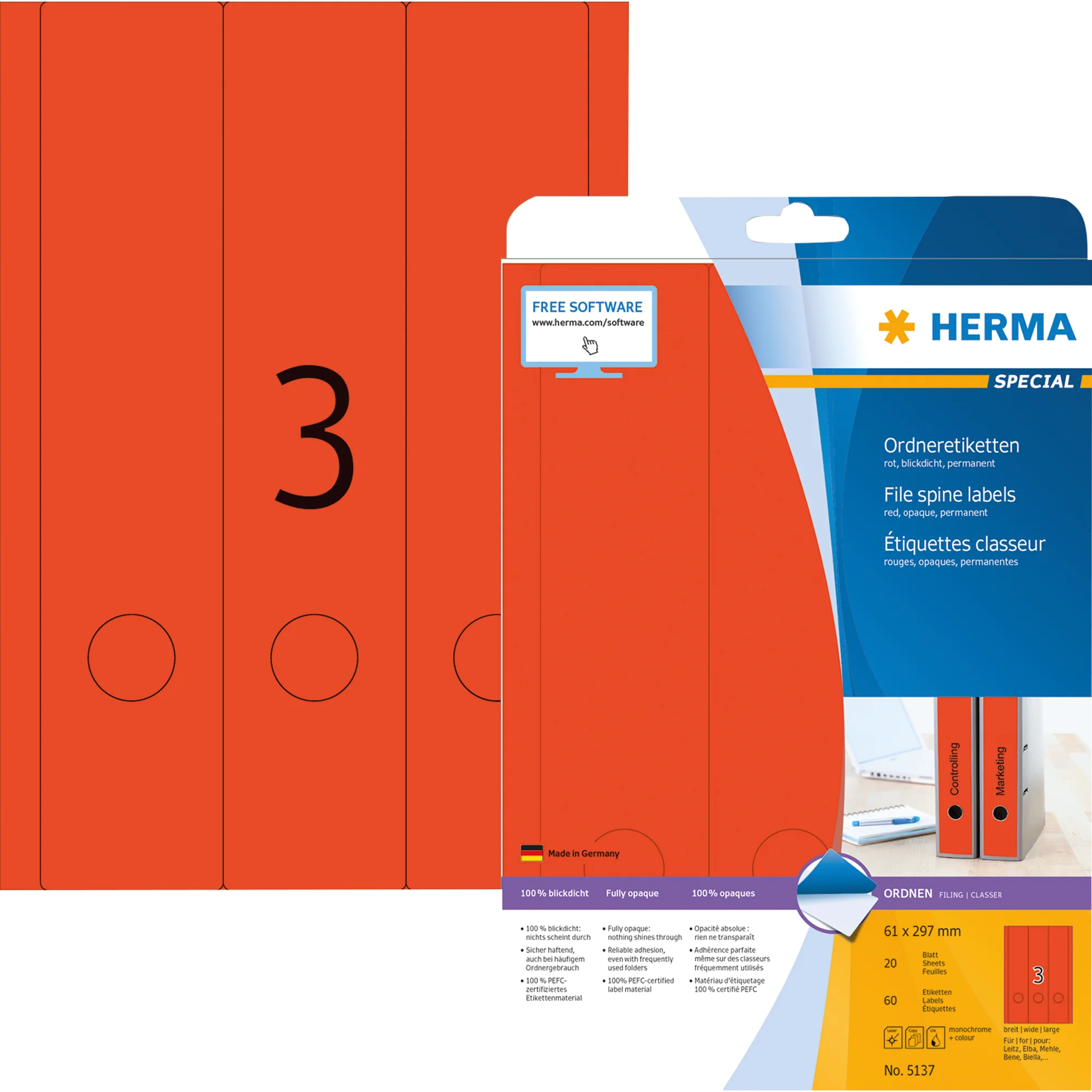 HERMA Ordnerrücken-Etiketten SPECIAL, 61 x 297 mm, rot (EAN: 4008705051378)