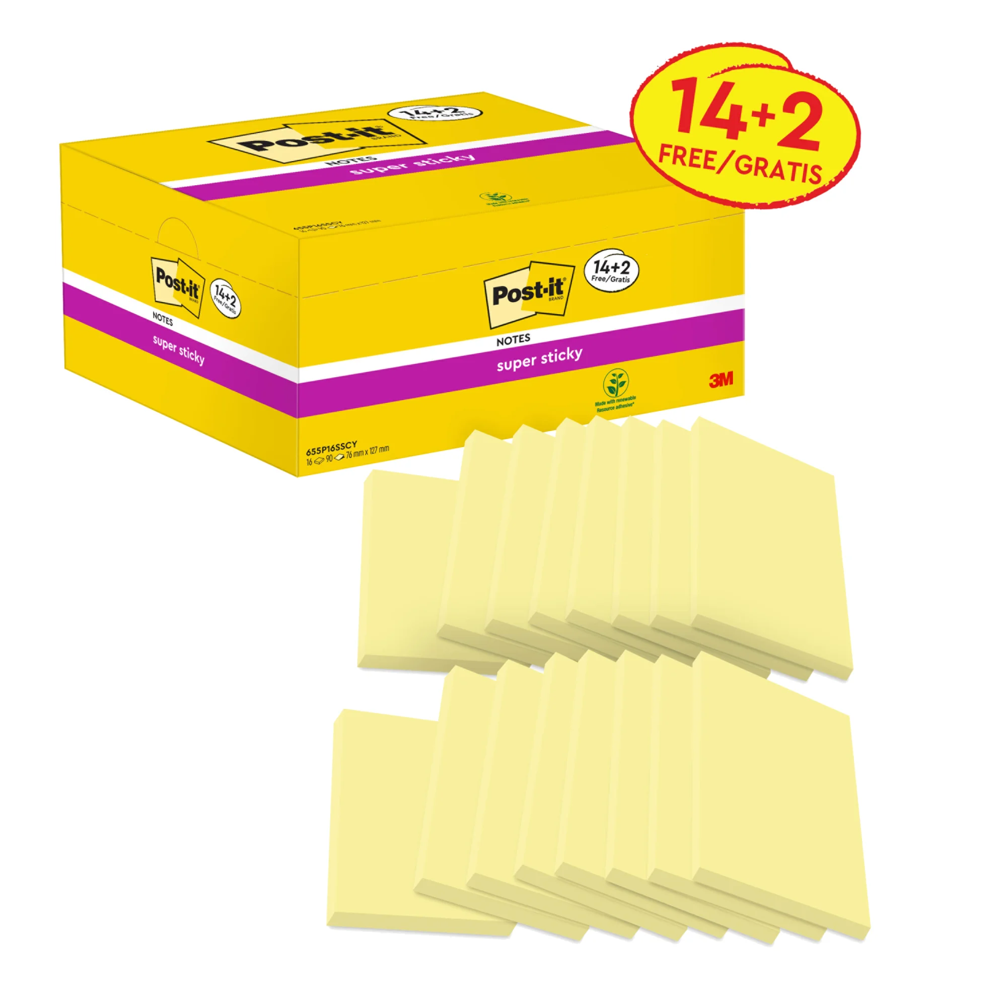 Post-it Haftnotizen super sticky notes, 76 x 76 mm, 14+2 (EAN: 0051141381008)
