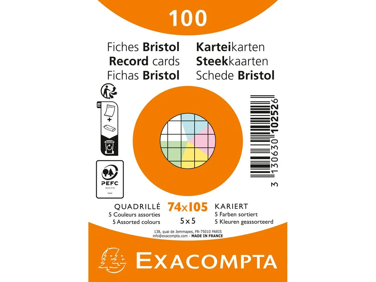 EXACOMPTA Karteikarten, DIN A7, kariert, farbig sortiert (EAN: 3130630102526)