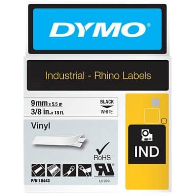 DYMO RHINO Vinyl-Schriftband schwarz/weiß, 9 mm x 5,5 m (EAN: 0071701184436)