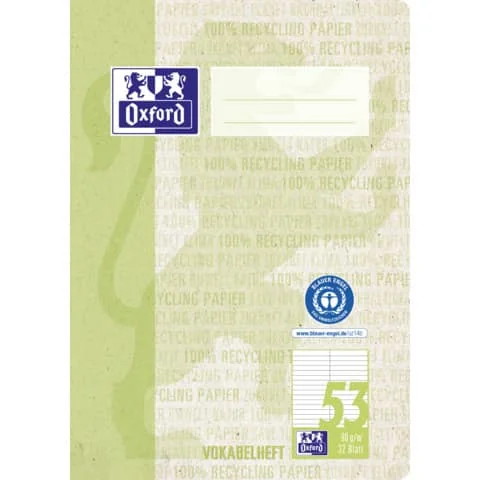 Oxford Vokabelheft "Recycling", DIN A5, 2 Spalten, 32 Blatt, grün (EAN: 4006144042186)