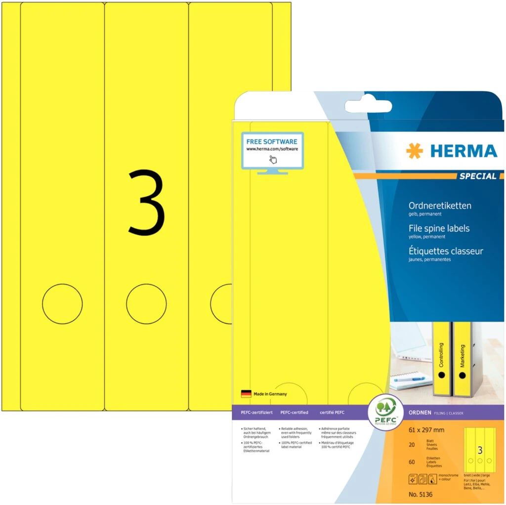 HERMA Ordnerrücken-Etiketten SPECIAL, 61 x 297 mm, gelb (EAN: 4008705051361)